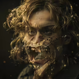 an evil man with his mouth open and hair flying around