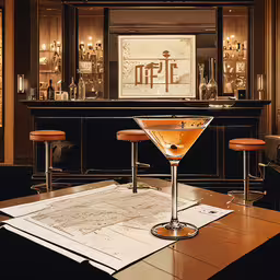 a table with a cocktail and chairs with a large menu,a table with a cocktail sitting on it