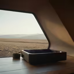 a square box sitting on a table near a window