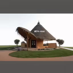 the building has grass roof that says welcome to texas