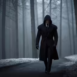 a man in a coat walking on a road