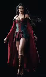 a woman in a red and green corset is walking