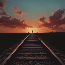 the silhouette of a person on the railroad track