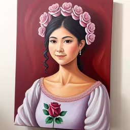 a woman with a flower in her hair on a canvas,a portrait of a woman wearing a dress with flowers in her hair