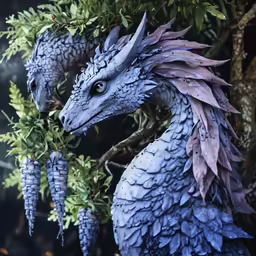 a close up view of an artificial blue dragon statue