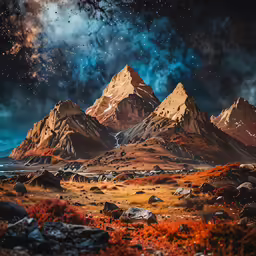a scene with mountains and stars as a background