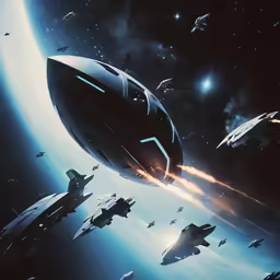 a group of futuristic spaceships are flying near a distant planet