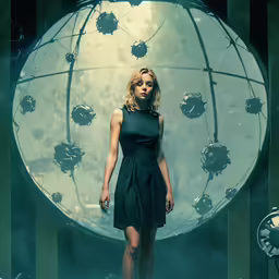 the lady is posing in front of a giant sphere