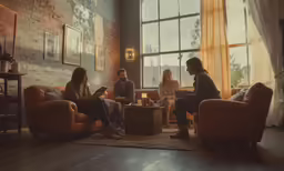 three girls sit in a living room while two men talk to each other