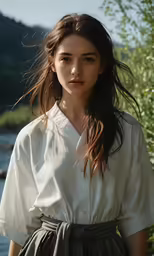 a young woman poses in front of a river