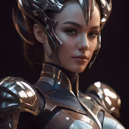 a young woman in a metal suit posing