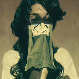 a woman with a sheet covering her mouth is staring straight ahead
