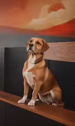 the dog sits on top of a shelf near a painting