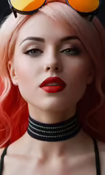 a blonde woman wearing red lipstick and sunglasses