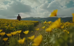 a man is sitting in the middle of a large field