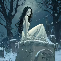 a girl sits on top of a grave,a girl in white dress sitting on a tombstone in winter