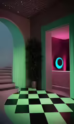a bright green room with stairs and black and white floor