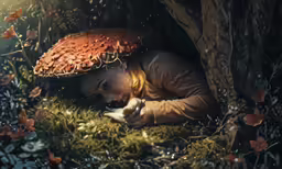 the girl is playing in the woods under a mushroom