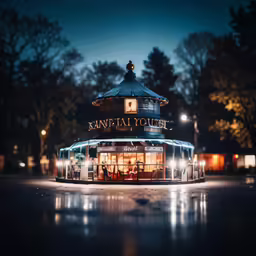 a building with lights lit up on a street corner