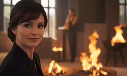 a woman is standing in front of a fire