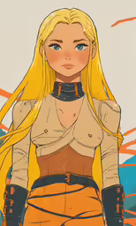 a girl in a brown outfit and blonde hair is standing on the beach