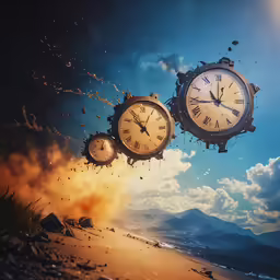 clocks flying towards each other on a sandy shore