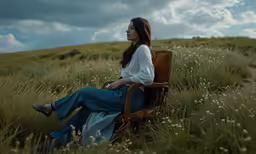 a woman sitting in a chair on a hill side
