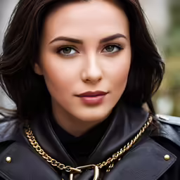 a woman wearing a black jacket with a collar and golden chain