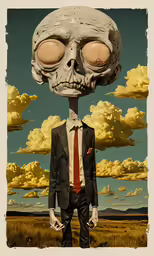 an art work depicting a skeleton in a suit