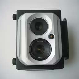 an object sitting on top of a table with two speakers