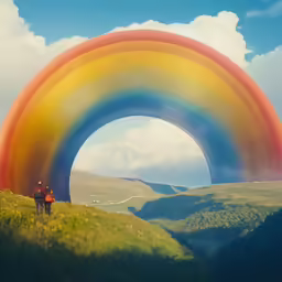 man and woman standing under large rainbow sculpture