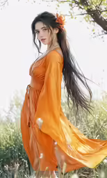 an asian woman wearing an orange dress in the middle of a field