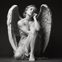 black and white photograph of a woman sitting with angel wings