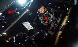 the engine bay with light in the middle and other items inside it
