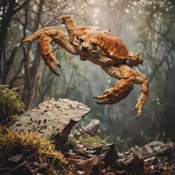 a brown crab is caught in the air, with its claws out