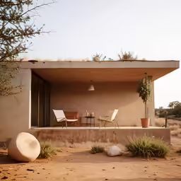 a patio area with a rock and plants