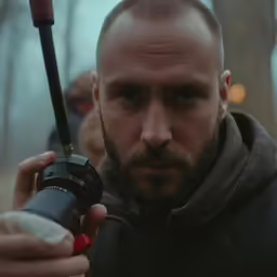 man holding lighter and smoking cigarette in outdoor scene