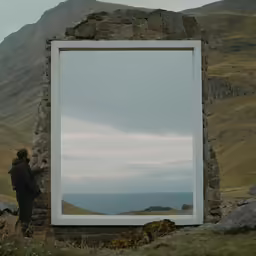 a man is looking at the image in the mirror