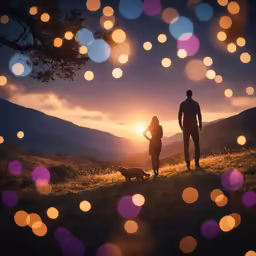 people walking together in the grass at night