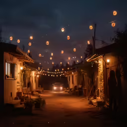 a cobblestone street is lit up with lanterns