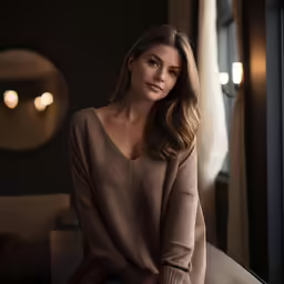 the woman in the sweater is sitting on a couch