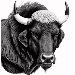 the long horned buffalo has been drawn and painted in black and white