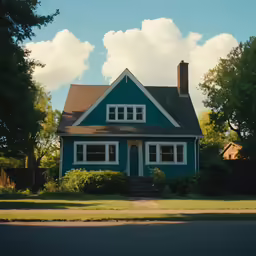 a house with trees and clouds on the blue sky