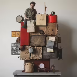 a person sitting on top of a pile of bags and boxes