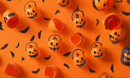a group of cups and pumpkins sitting on a table