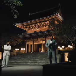 two men wearing formal clothes stand in front of a building