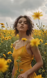 a young woman in a field with yellow sunflowers