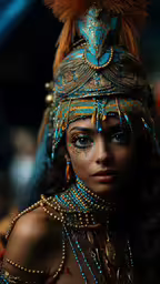 a woman wearing an elaborate headdress is shown,a girl dressed as a egyptian dancer in gold, green and blue