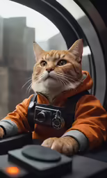 an orange and white cat wearing an orange hoodie