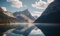 the mountains reflect in a still calm lake